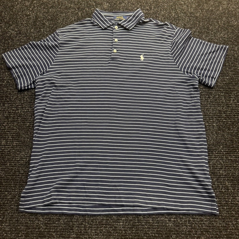 Polo Ralph Lauren Mens Large Classic Fit Striped Polo Shirt Navy Blue White